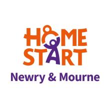 The words home start are diplayed in orange with a picture of a figure holding another figure within this. The words Newry and Mourne are diaplayed underneath in purple.